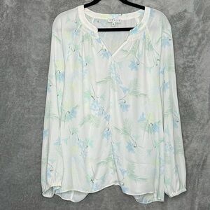 Chaus New York XL Shirt Top White Blue Floral Flower Long Sleeve V Neck Sheer
